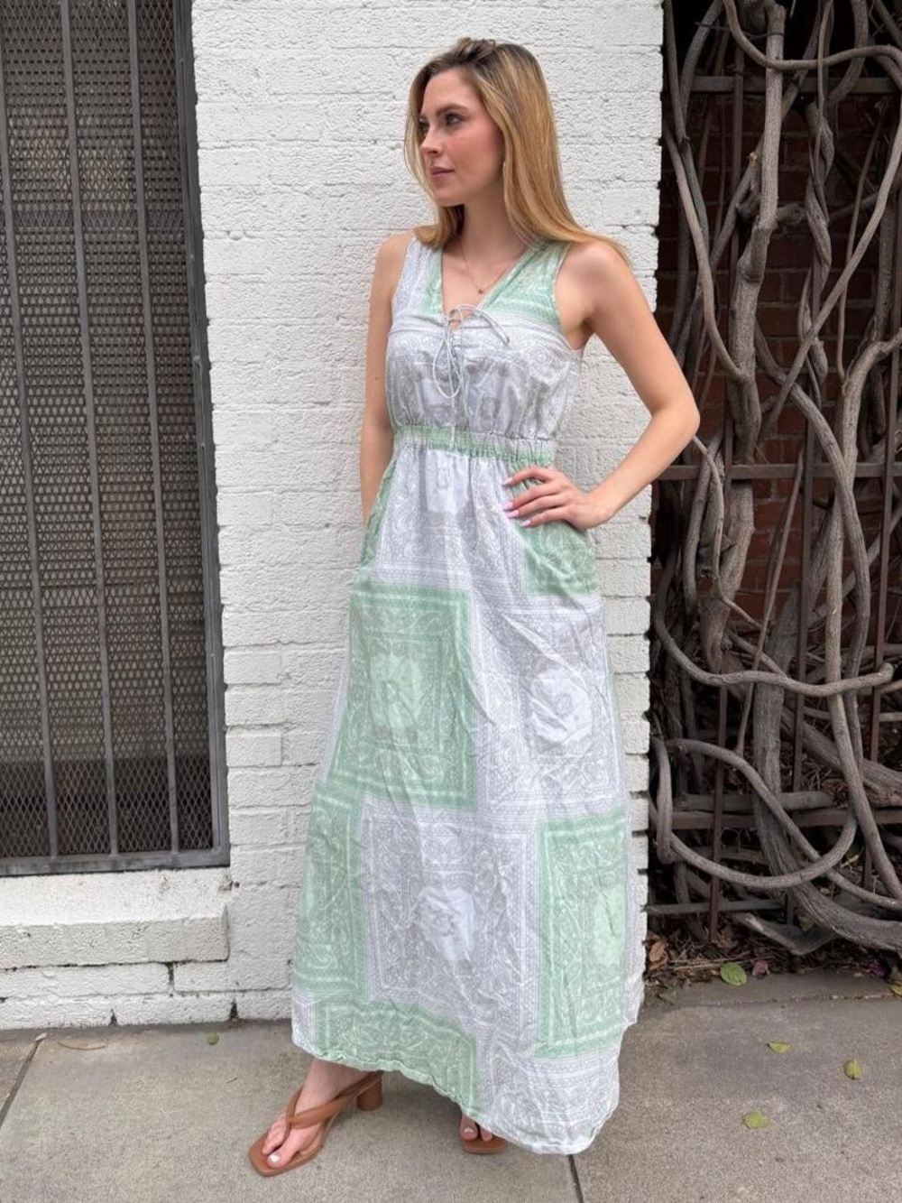 Universal thread boho maxi dress with tie front detail & pockets sz XS #boho